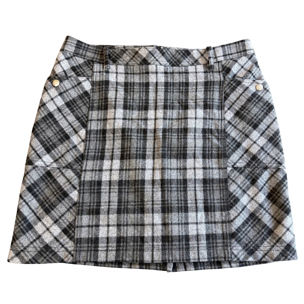 Vintage Eddie Bauer Wool Plaid Mini Skirt Womens 12 Gray Black Y2K Preppy